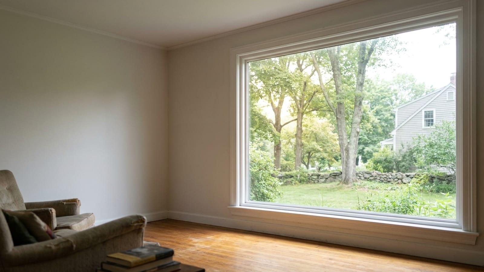 Interior view of a large fixed picture window framing a green Connecticut backyard with white trim and sunlight on a wood floor