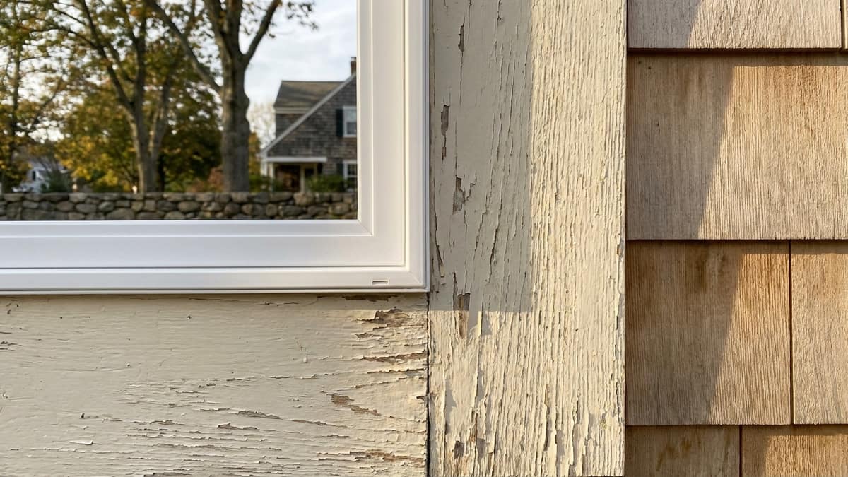 Close-up of a window corner where crisp white PVC trim meets weathered painted wood trim on a clapboard wall in raking afternoon light