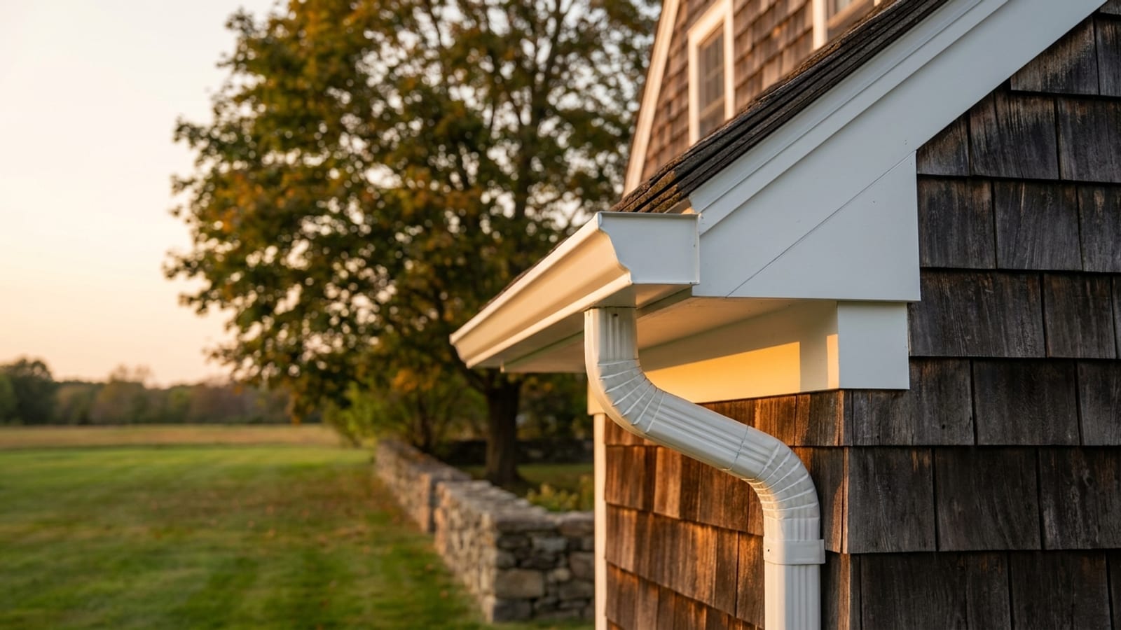 Ground-level view of a Connecticut cape eave with new white aluminum K-style gutter and downspout below fresh drip edge and architectural shingles