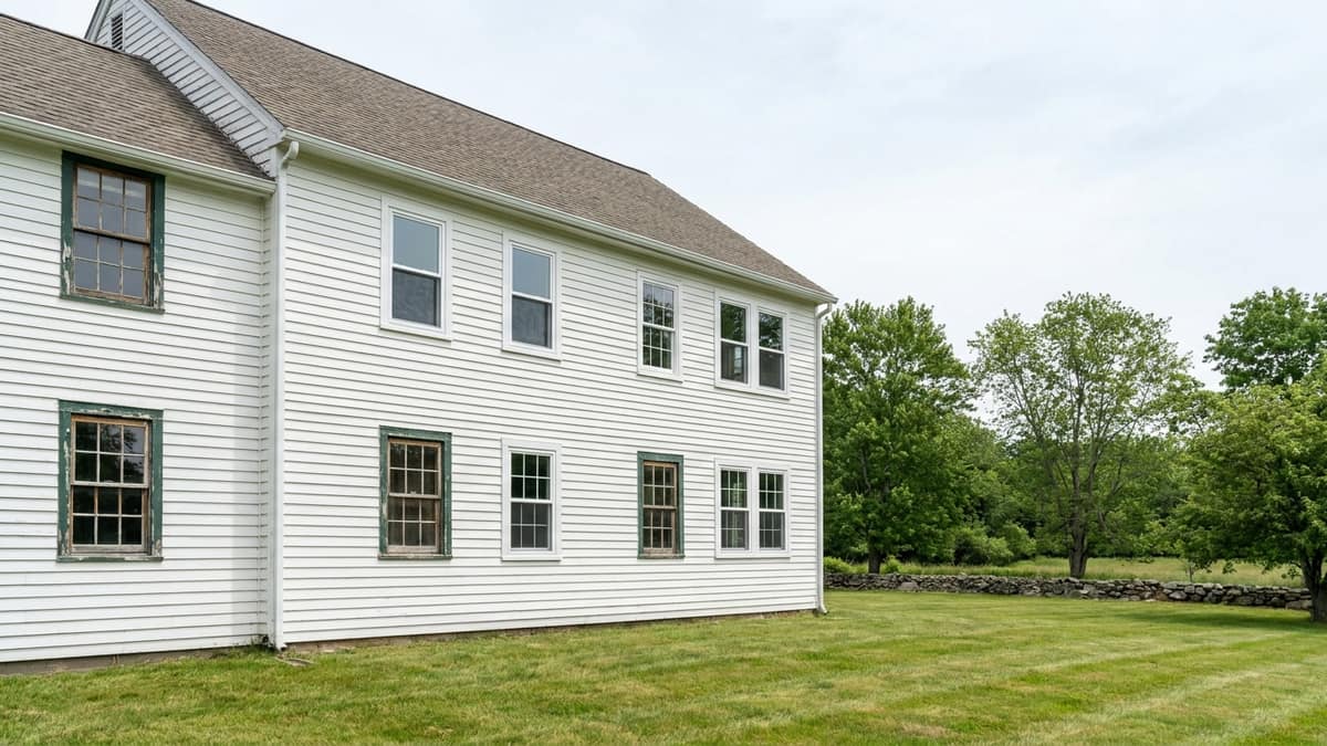 Two-story Connecticut colonial with several crisp new white window frames installed and the remaining windows still showing weathered sashes and peeling trim