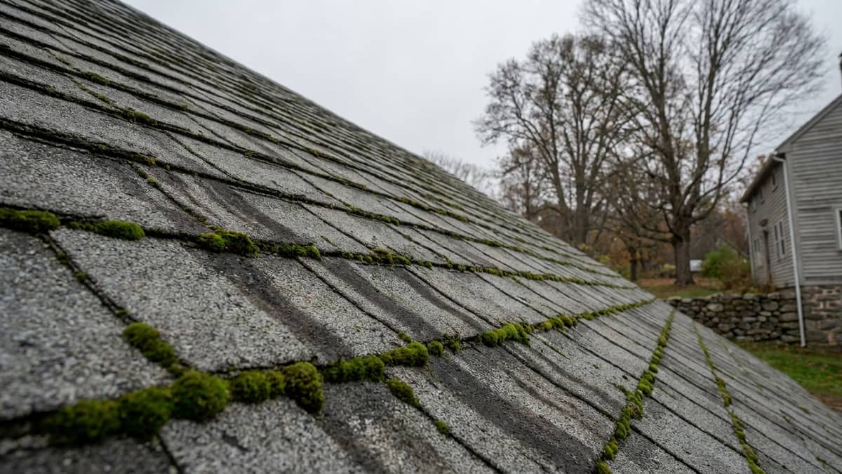 Close view of an aging gray asphalt shingle roof slope with dark vertical algae streaks and clumps of green moss along the shingle edges under damp overcast light