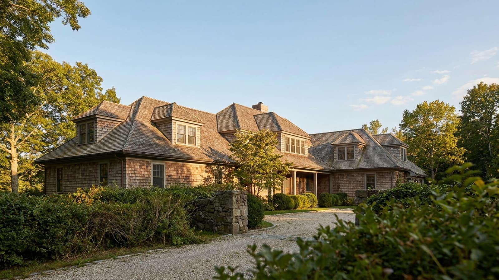 Large shingle-style Fairfield County home with a complex hip roof and dormers in warm late afternoon light behind mature hedges