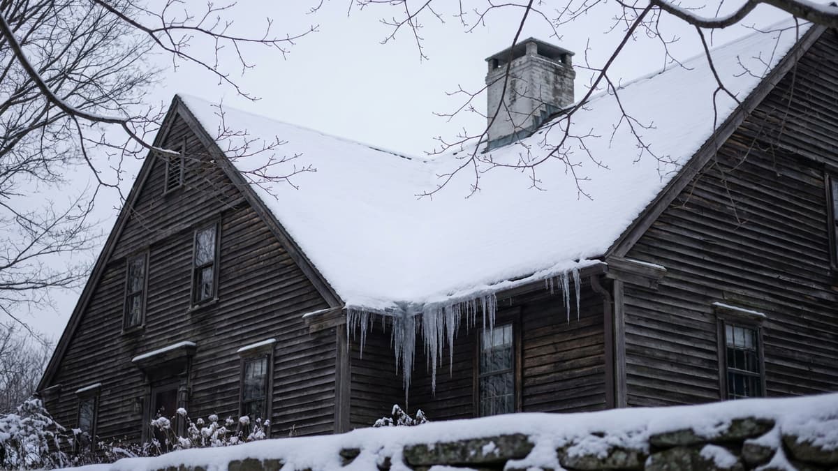 A New England colonial gable roof carrying several inches of settled snow with icicles along the eave and bare maple branches under soft overcast light