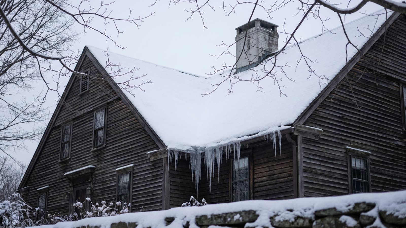 A New England colonial gable roof carrying several inches of settled snow with icicles along the eave and bare maple branches under soft overcast light
