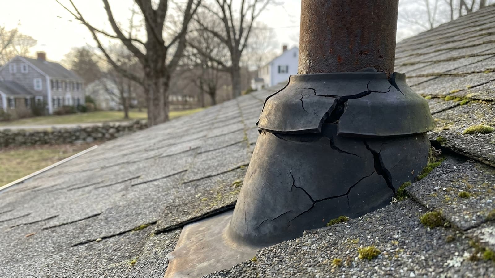 Cracked rubber collar on a plumbing vent pipe boot set into weathered asphalt shingles in late afternoon light