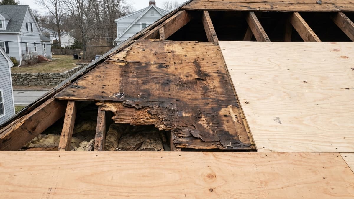 Exposed roof sheathing on a stripped residential roof, one section of plywood darkened and soft with water rot beside sound new plywood, with rafters visible underneath