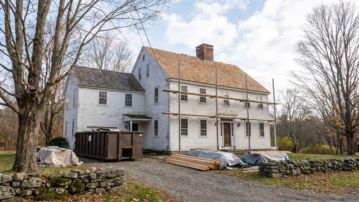 Connecticut home mid-renovation with staging set up along one elevation in clear morning light