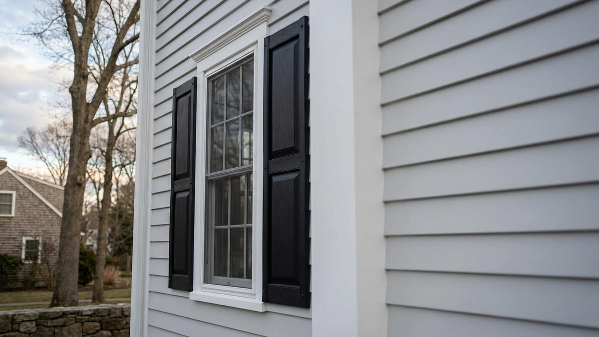 Close-up of a window on a white clapboard house with black vinyl shutters mounted beside it under soft afternoon light