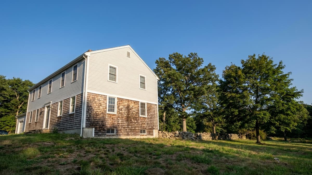 Two-story New England house seen from the yard with fresh light-gray siding on the upper level and older faded siding below under a clear blue sky