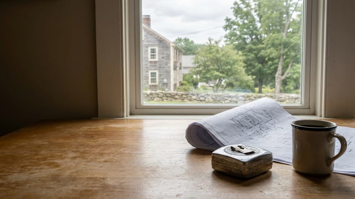Kitchen table with folded house plans, a tape measure and a coffee mug beside a window looking out at a New England colonial exterior in morning light