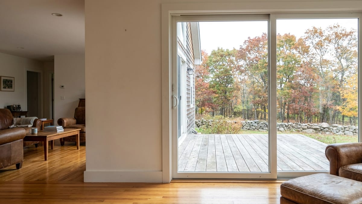 Bright living room with hardwood floor looking out through a large sliding glass patio door to a wooden deck and autumn trees