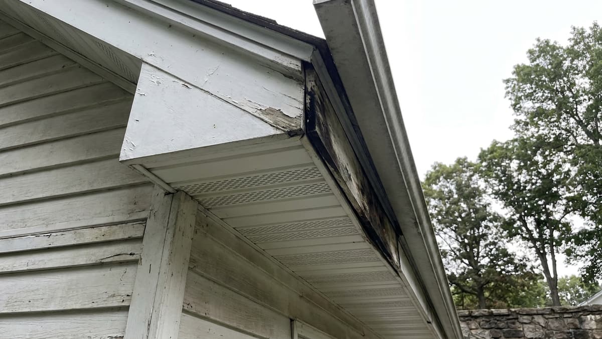 Upward view of a house eave with white vented aluminum soffit panels and a fascia board meeting the gutter, one section of fascia water-stained and separating, clapboard siding below and open sky past the roof edge