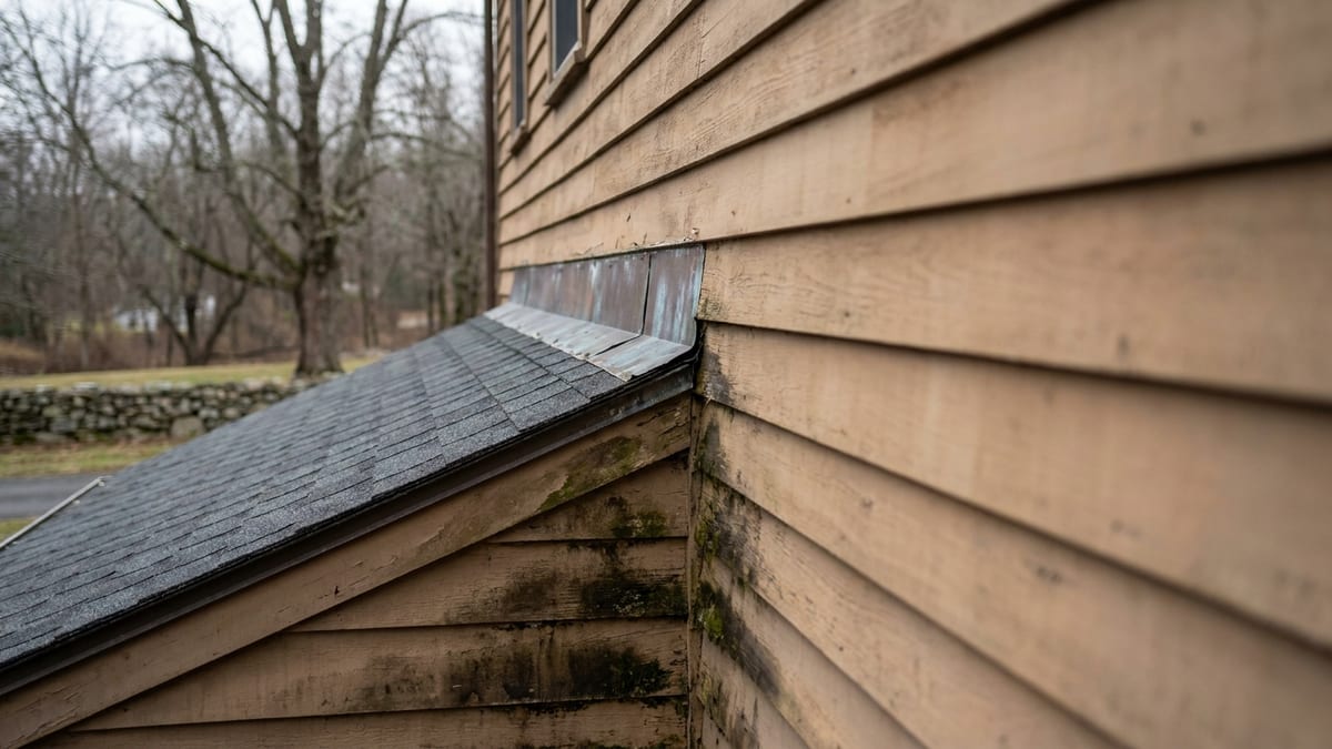 Close view of a lower roof slope meeting a sided two-story wall with metal step flashing visible under the shingle courses and damp staining on the siding below