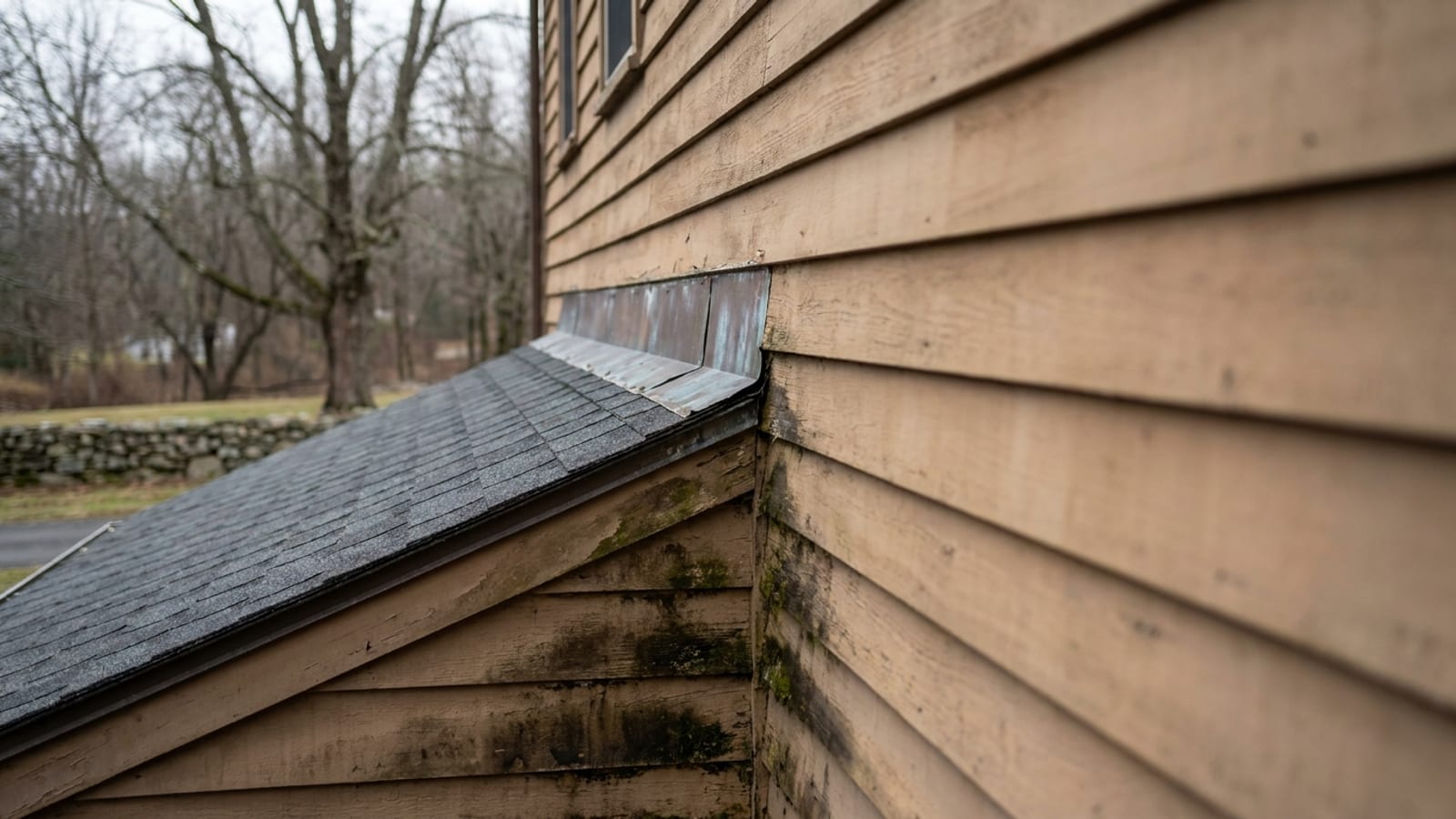 Close view of a lower roof slope meeting a sided two-story wall with metal step flashing visible under the shingle courses and damp staining on the siding below