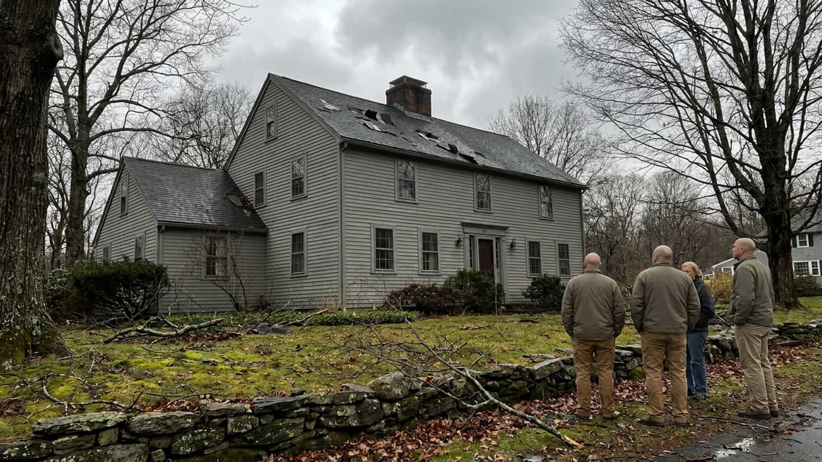 Connecticut home after a storm with a few displaced roof shingles and fallen branches on the lawn under gray light