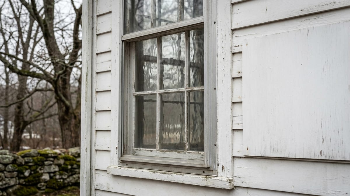 Antique New England house window with original wooden sash behind an aluminum exterior storm window on weathered white clapboard in soft winter light
