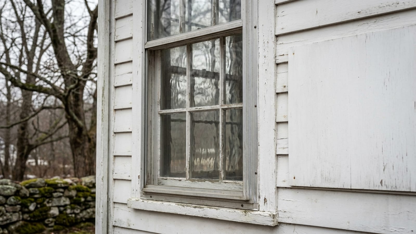Antique New England house window with original wooden sash behind an aluminum exterior storm window on weathered white clapboard in soft winter light