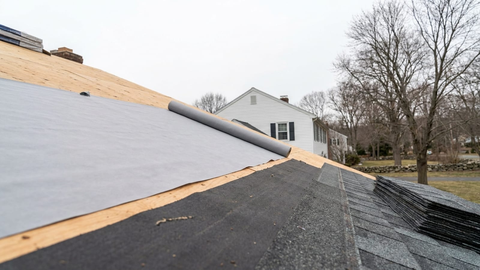 A partially shingled roof deck showing a wide roll of gray synthetic underlayment over clean plywood sheathing next to a section of black felt paper under overcast daylight