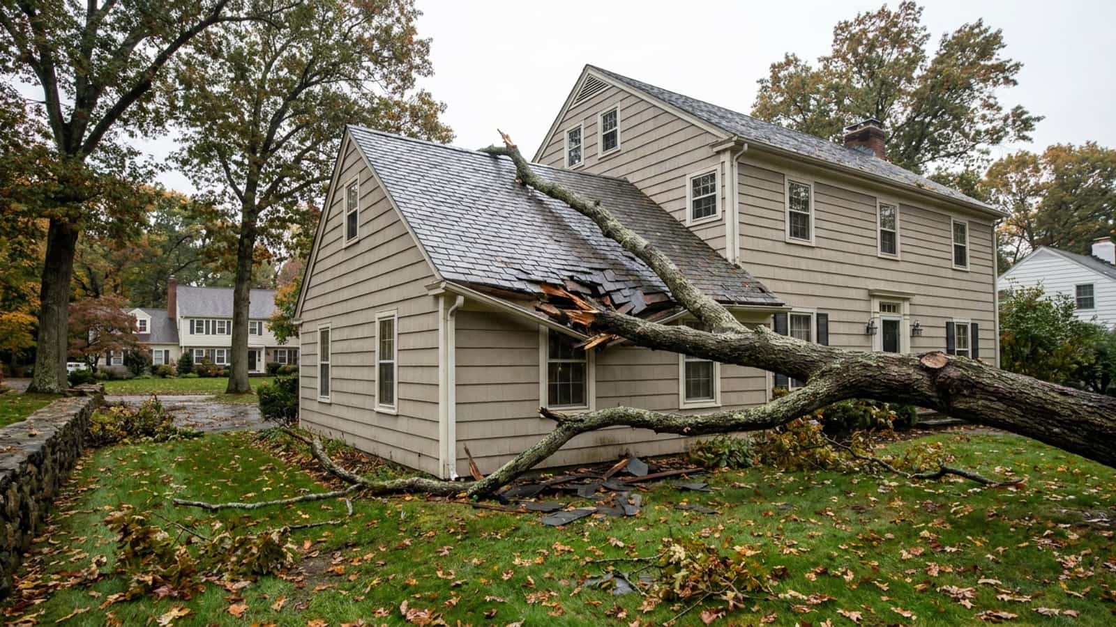A large fallen oak limb resting across the rear slope of a suburban Connecticut house with broken shingles and splintered wood at the impact point