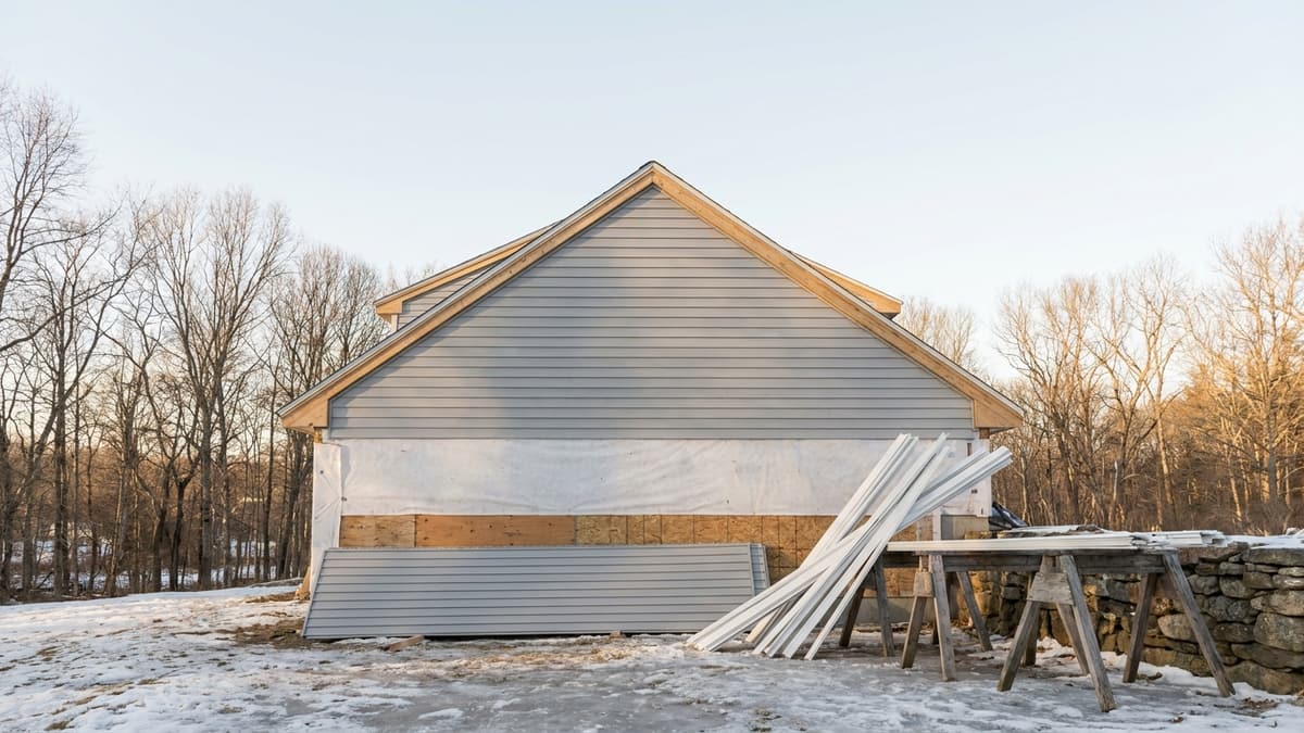 A New England two-story home mid-siding project in winter with new gray vinyl panels over house wrap and a stack of siding leaning on sawhorses on frozen ground