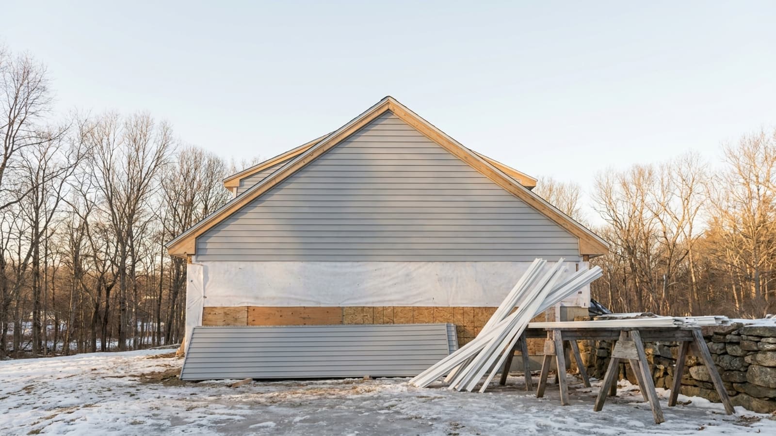 A New England two-story home mid-siding project in winter with new gray vinyl panels over house wrap and a stack of siding leaning on sawhorses on frozen ground