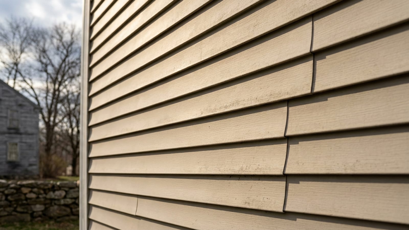 Close detail of vinyl siding panels on a Connecticut farmhouse in raking afternoon light showing the profile shadow lines