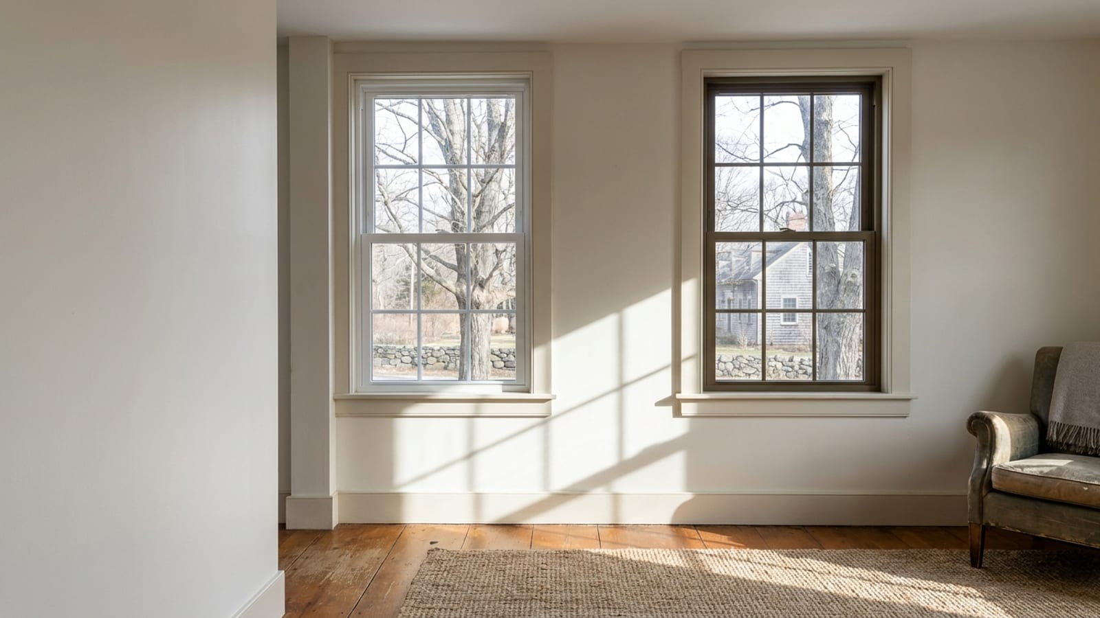 Two adjacent double-hung replacement windows in a bright living room, one with a slim white frame and one with a narrow dark frame, winter sun casting sharp shadows on the sills