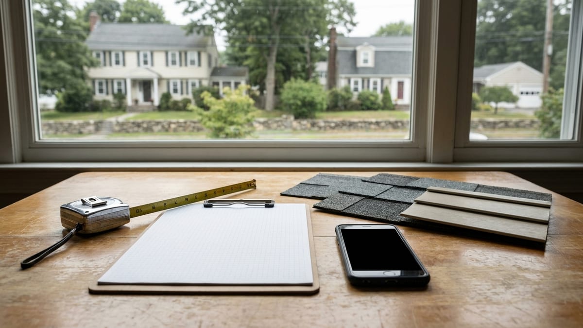 A measuring tape, clipboard with graph paper, shingle and siding sample squares and a phone arranged on a kitchen table beside a window overlooking a suburban yard