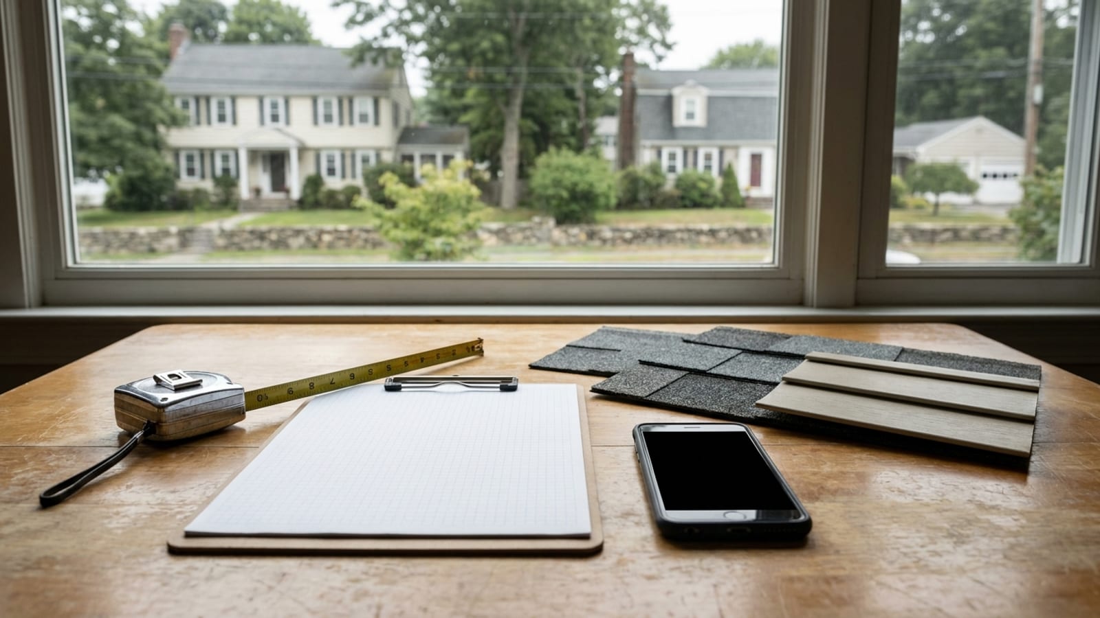 A measuring tape, clipboard with graph paper, shingle and siding sample squares and a phone arranged on a kitchen table beside a window overlooking a suburban yard