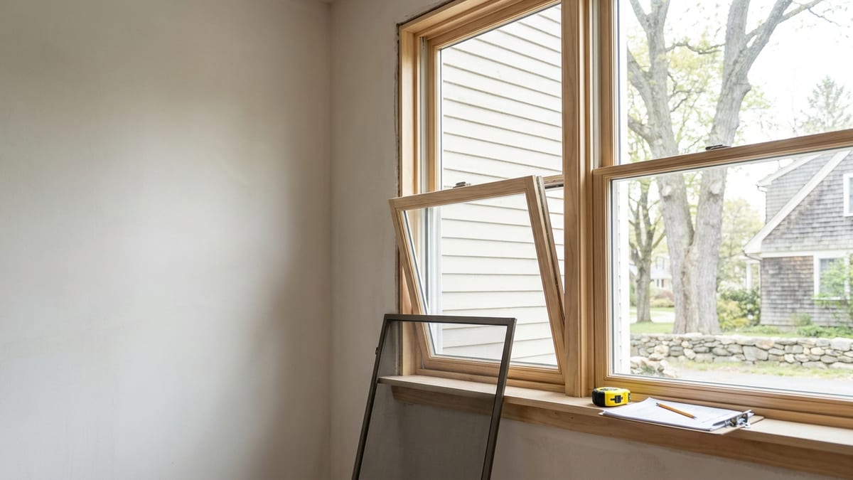 A new white double-hung window with the sash tilted inward and a screen leaning against the wall below, a measuring tape and paperwork resting on the sill in bright daylight