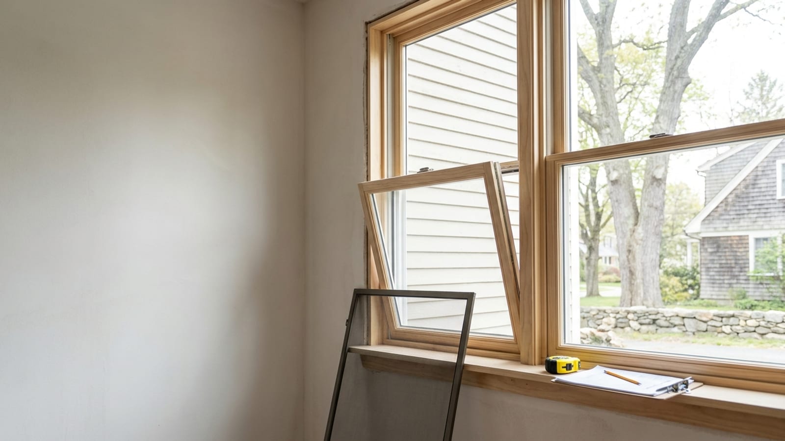 A new white double-hung window with the sash tilted inward and a screen leaning against the wall below, a measuring tape and paperwork resting on the sill in bright daylight