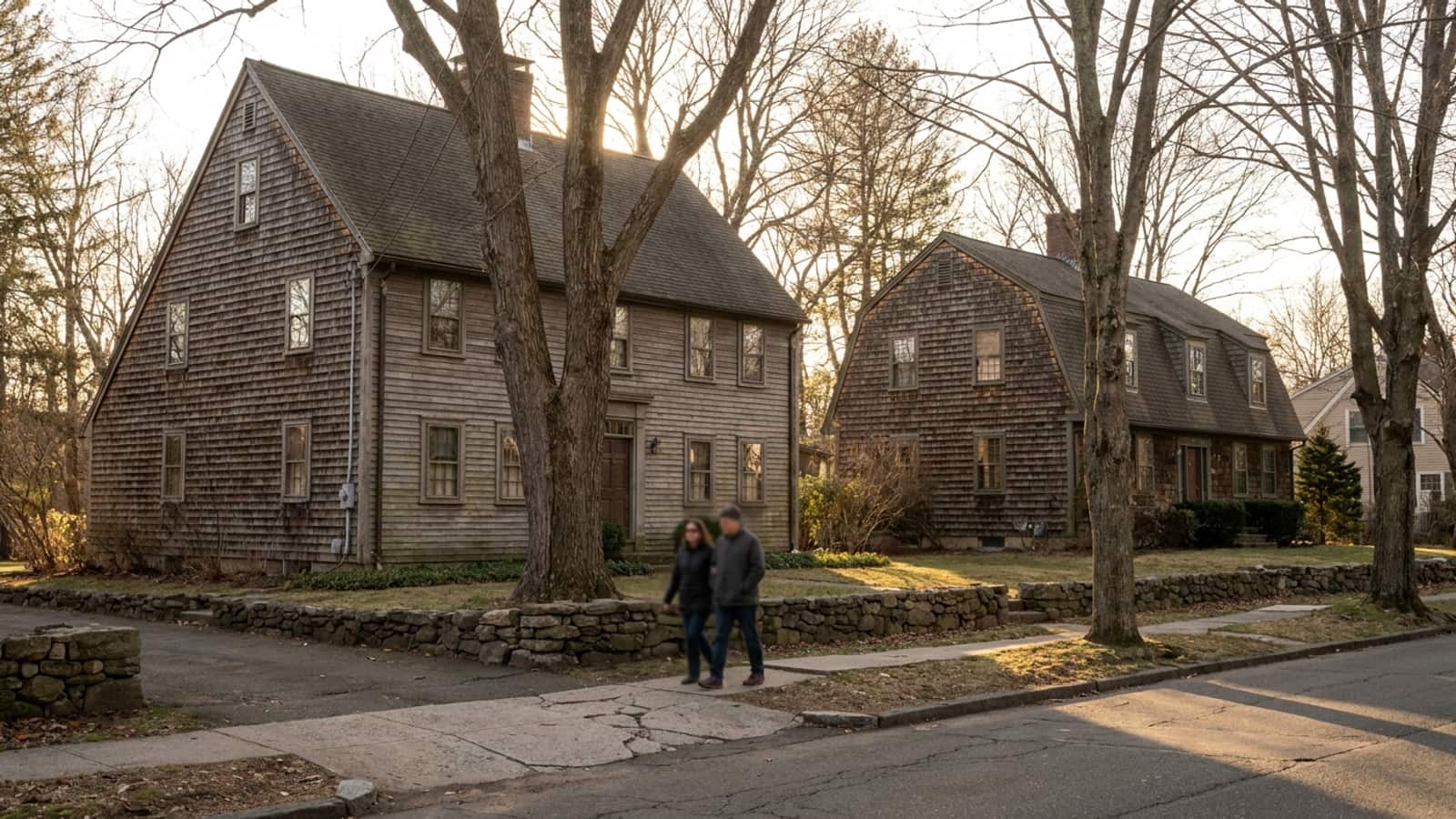 Two neighboring Connecticut colonial homes with differing rooflines seen from the street in late afternoon light