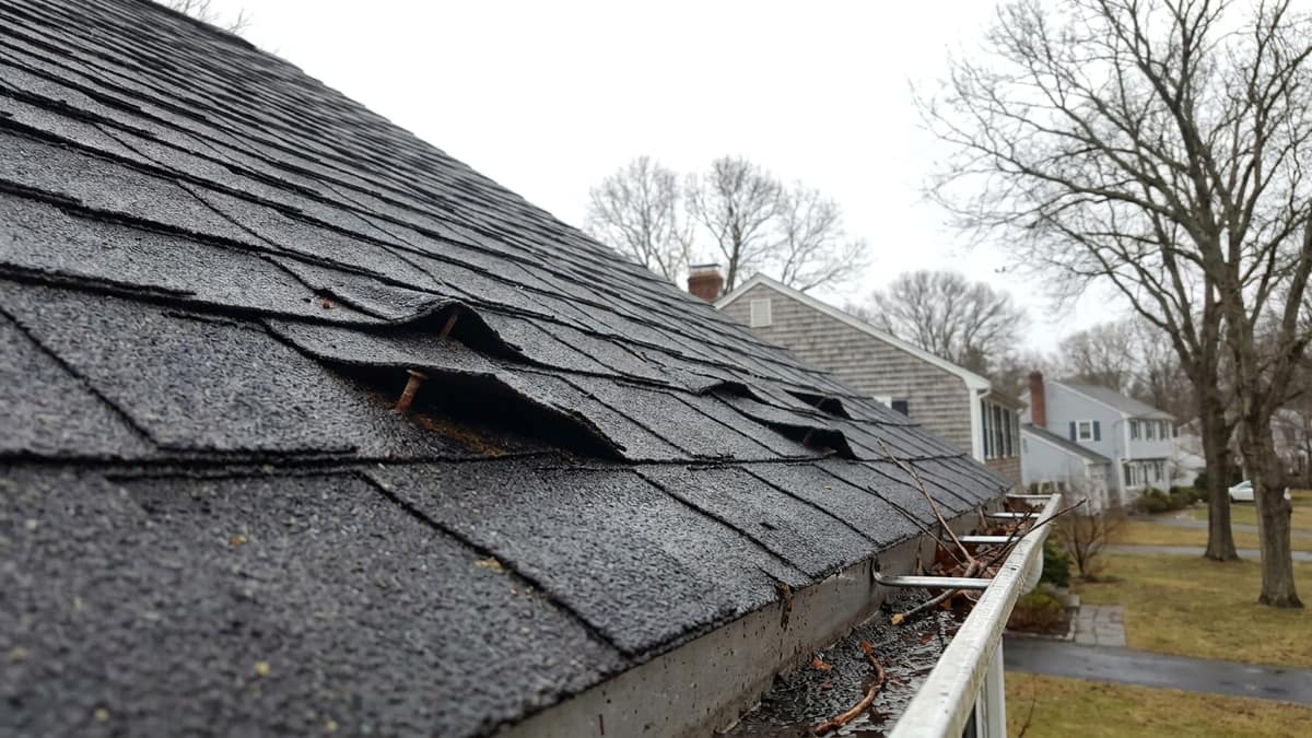 Close view of an asphalt shingle roof slope after a storm with several tabs lifted and creased, exposed nail heads, and wet granules collected in the gutter below