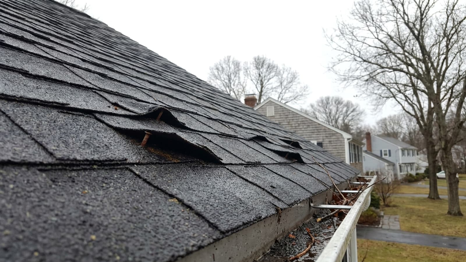Close view of an asphalt shingle roof slope after a storm with several tabs lifted and creased, exposed nail heads, and wet granules collected in the gutter below