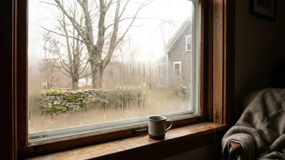 Interior view of a Connecticut home window showing fogging trapped between the glass layers in soft morning light